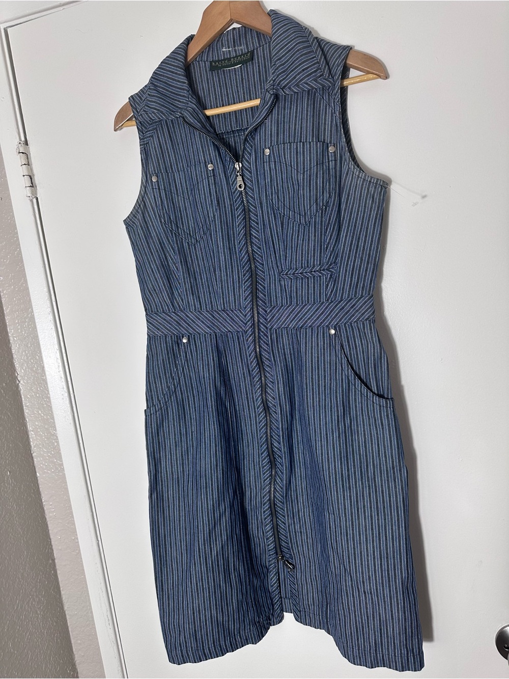 Vintage Harve Benard Blue Railroad-Pinstripe Sleeveless Midi Utility Dress